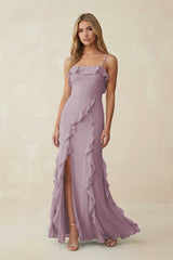 Ruffled Cami Strap Chiffon Sheath Bridesmaid Dress in Dusk - KissProm Bridesmaid Dresses