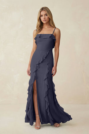 Ruffled Cami Strap Chiffon Sheath Bridesmaid Dress in Dusk Blue - KissProm Bridesmaid Dresses