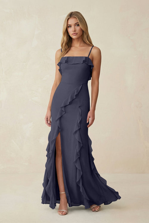 Ruffled Cami Strap Chiffon Sheath Bridesmaid Dress in Dusk Blue - KissProm Bridesmaid Dresses
