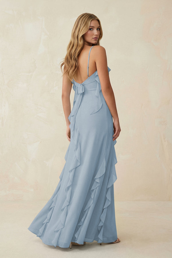 Ruffled Cami Strap Chiffon Sheath Bridesmaid Dress in Dusty Blue - KissProm Bridesmaid Dresses