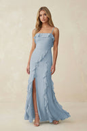 Ruffled Cami Strap Chiffon Sheath Bridesmaid Dress in Dusty Blue - KissProm Bridesmaid Dresses