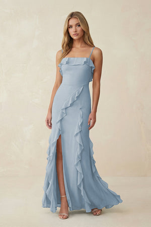 Ruffled Cami Strap Chiffon Sheath Bridesmaid Dress in Dusty Blue - KissProm Bridesmaid Dresses