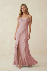 Ruffled Cami Strap Chiffon Sheath Bridesmaid Dress in Dusty Rose - KissProm Bridesmaid Dresses