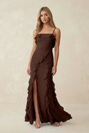 Ruffled Cami Strap Chiffon Sheath Bridesmaid Dress in Espresso - KissProm Bridesmaid Dresses