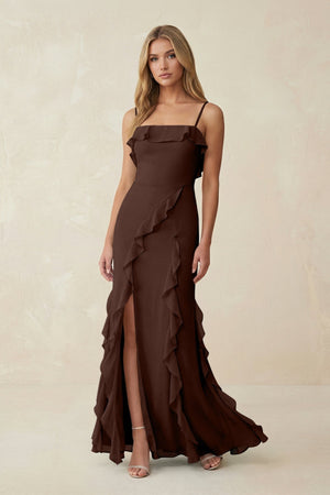 Ruffled Cami Strap Chiffon Sheath Bridesmaid Dress in Espresso - KissProm Bridesmaid Dresses