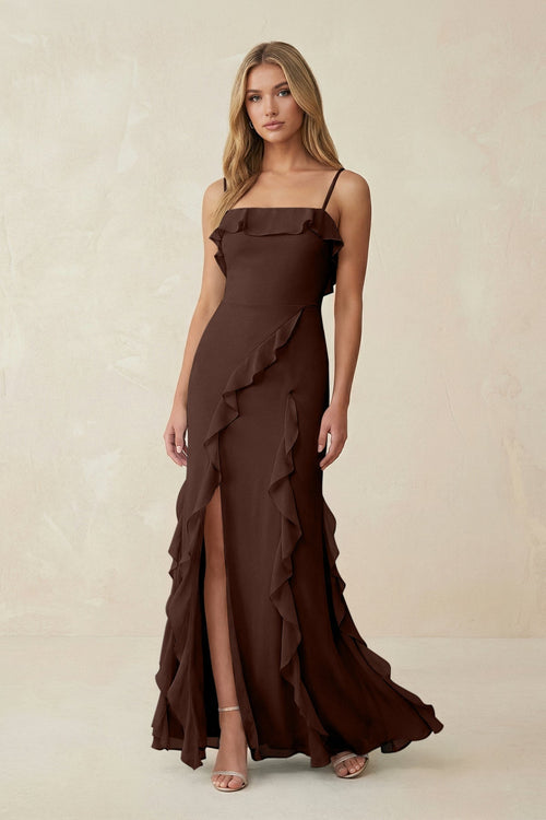 Ruffled Cami Strap Chiffon Sheath Bridesmaid Dress in Espresso - KissProm Bridesmaid Dresses