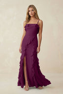 Ruffled Cami Strap Chiffon Sheath Bridesmaid Dress in Fig - KissProm Bridesmaid Dresses