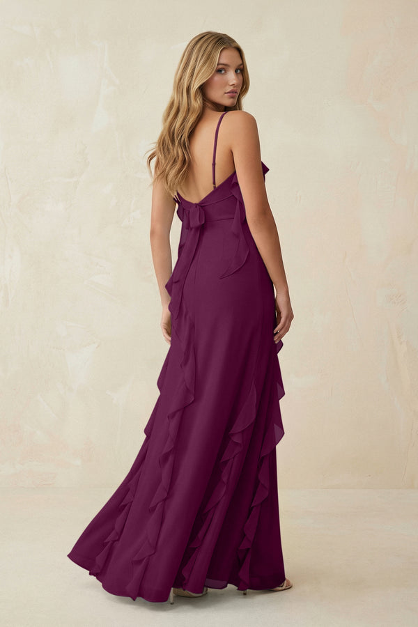 Ruffled Cami Strap Chiffon Sheath Bridesmaid Dress in Fig - KissProm Bridesmaid Dresses