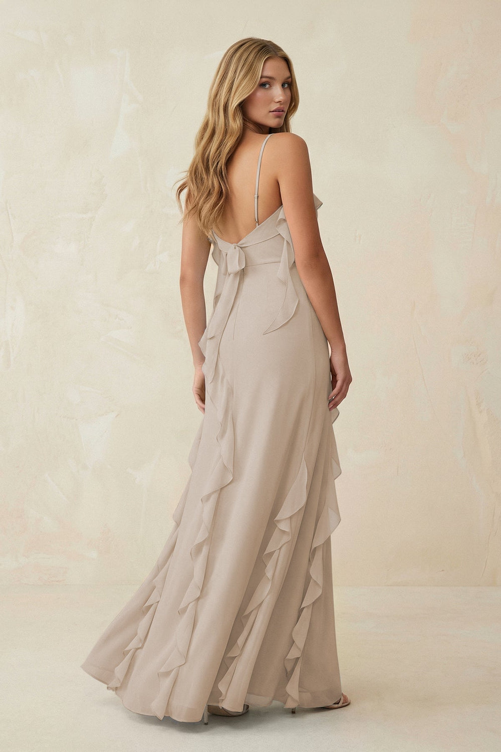 Ruffled Cami Strap Chiffon Sheath Bridesmaid Dress in Frost - KissProm Bridesmaid Dresses