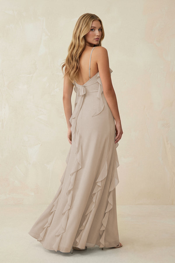 Ruffled Cami Strap Chiffon Sheath Bridesmaid Dress in Frost - KissProm Bridesmaid Dresses