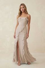 Ruffled Cami Strap Chiffon Sheath Bridesmaid Dress in Frost - KissProm Bridesmaid Dresses