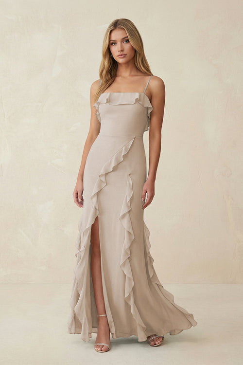 Ruffled Cami Strap Chiffon Sheath Bridesmaid Dress in Frost - KissProm Bridesmaid Dresses