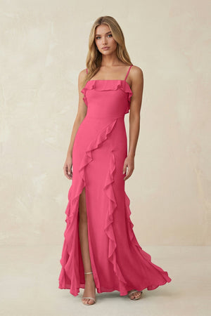 Ruffled Cami Strap Chiffon Sheath Bridesmaid Dress in Fuchsia - KissProm Bridesmaid Dresses