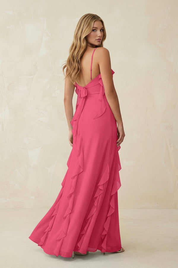 Ruffled Cami Strap Chiffon Sheath Bridesmaid Dress in Fuchsia - KissProm Bridesmaid Dresses