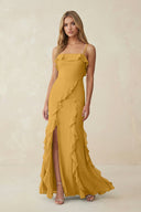 Ruffled Cami Strap Chiffon Sheath Bridesmaid Dress in Marigold - KissProm Bridesmaid Dresses