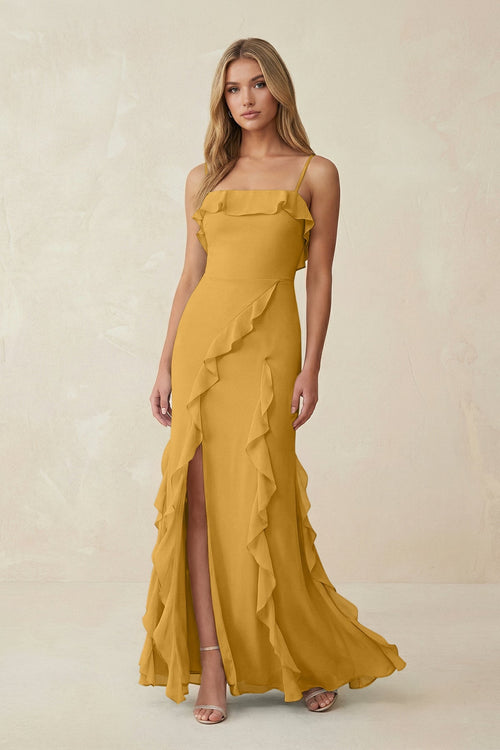 Ruffled Cami Strap Chiffon Sheath Bridesmaid Dress in Marigold - KissProm Bridesmaid Dresses