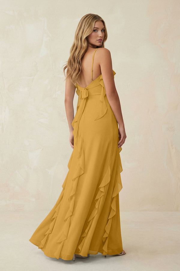 Ruffled Cami Strap Chiffon Sheath Bridesmaid Dress in Marigold - KissProm Bridesmaid Dresses