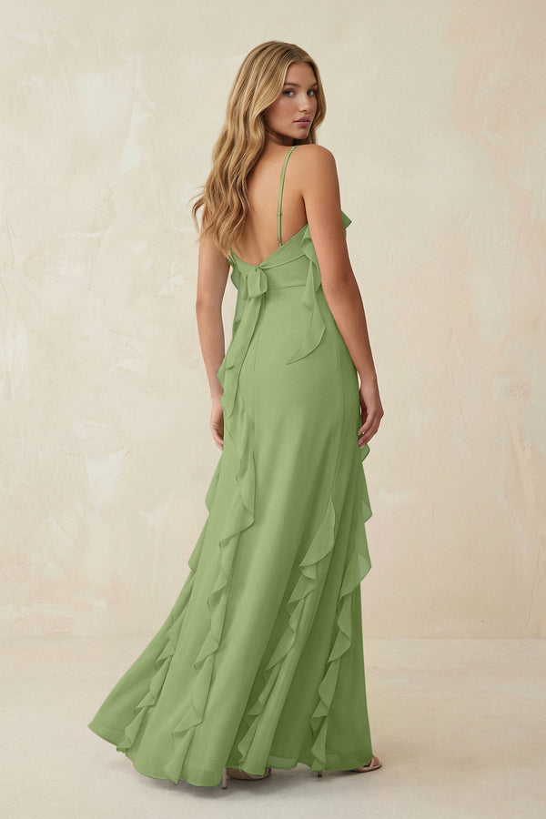 Ruffled Cami Strap Chiffon Sheath Bridesmaid Dress in Matcha - KissProm Bridesmaid Dresses