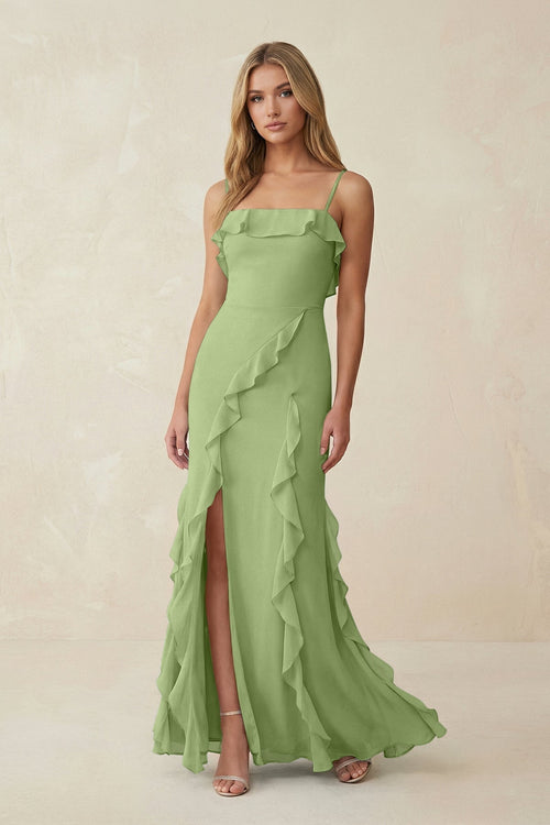 Ruffled Cami Strap Chiffon Sheath Bridesmaid Dress in Matcha - KissProm Bridesmaid Dresses