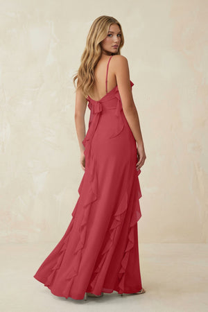 Ruffled Cami Strap Chiffon Sheath Bridesmaid Dress in Merlot - KissProm Bridesmaid Dresses