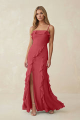 Ruffled Cami Strap Chiffon Sheath Bridesmaid Dress in Merlot - KissProm Bridesmaid Dresses
