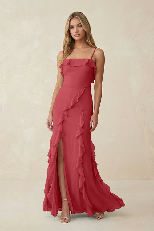 Ruffled Cami Strap Chiffon Sheath Bridesmaid Dress in Merlot - KissProm Bridesmaid Dresses