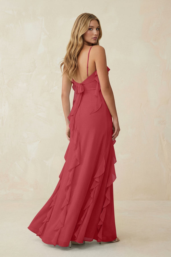 Ruffled Cami Strap Chiffon Sheath Bridesmaid Dress in Merlot - KissProm Bridesmaid Dresses