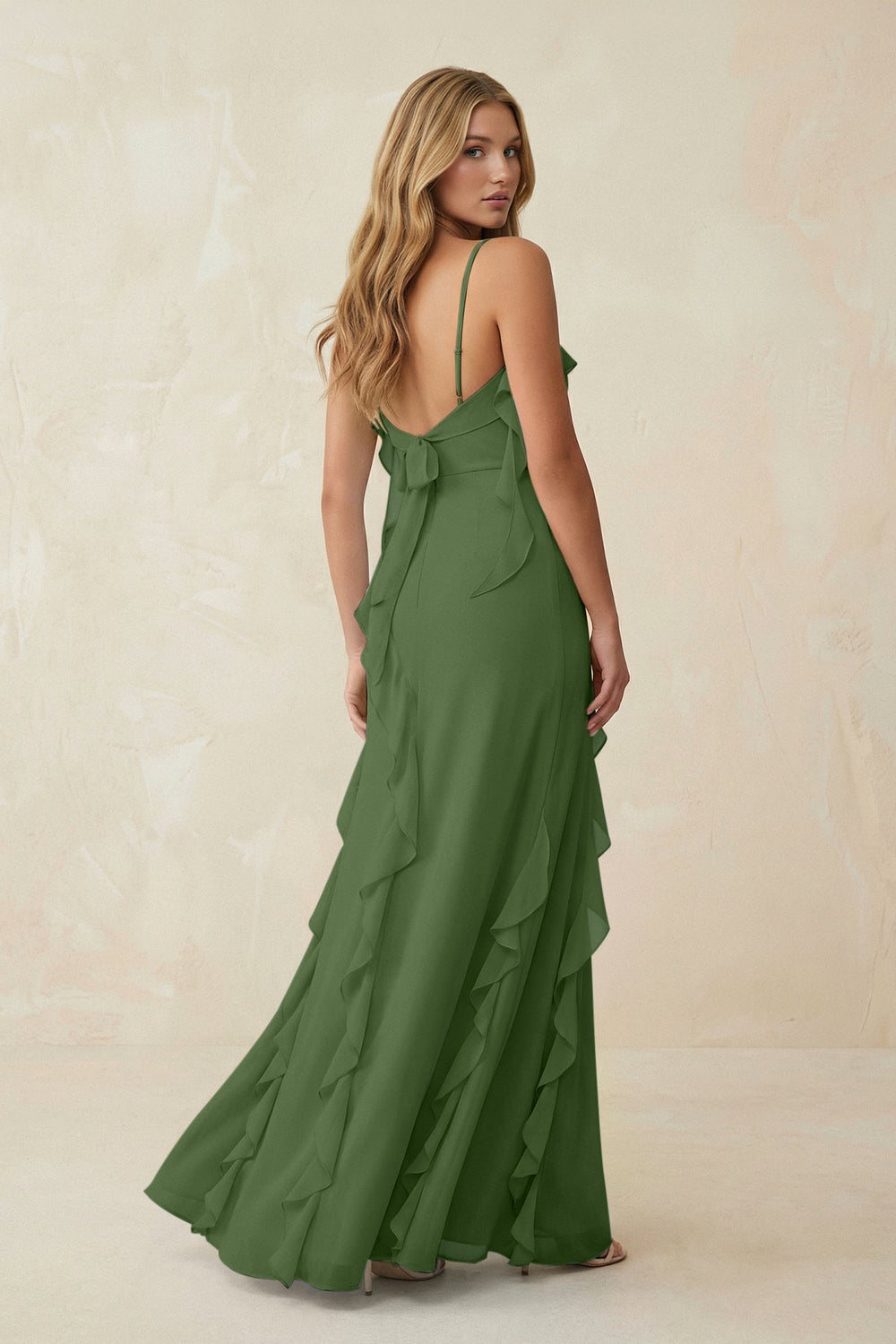 Ruffled Cami Strap Chiffon Sheath Bridesmaid Dress in Moss - KissProm Bridesmaid Dresses