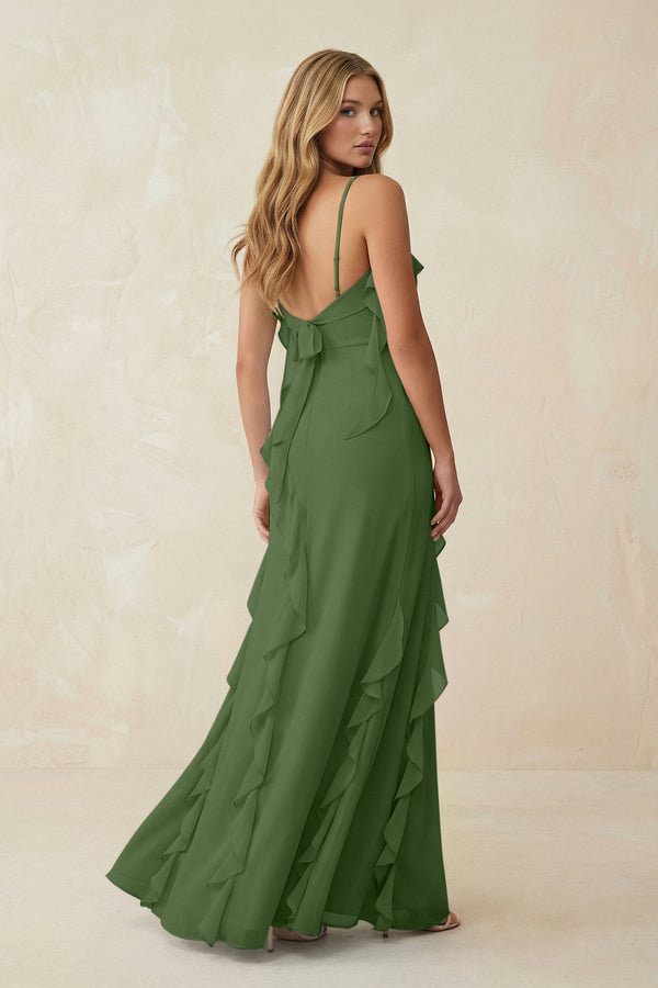 Ruffled Cami Strap Chiffon Sheath Bridesmaid Dress in Moss - KissProm Bridesmaid Dresses