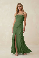 Ruffled Cami Strap Chiffon Sheath Bridesmaid Dress in Moss - KissProm Bridesmaid Dresses