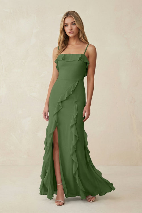 Ruffled Cami Strap Chiffon Sheath Bridesmaid Dress in Moss - KissProm Bridesmaid Dresses