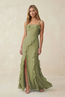 Ruffled Cami Strap Chiffon Sheath Bridesmaid Dress in Moss Green - KissProm Bridesmaid Dresses