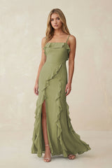 Ruffled Cami Strap Chiffon Sheath Bridesmaid Dress in Moss Green - KissProm Bridesmaid Dresses