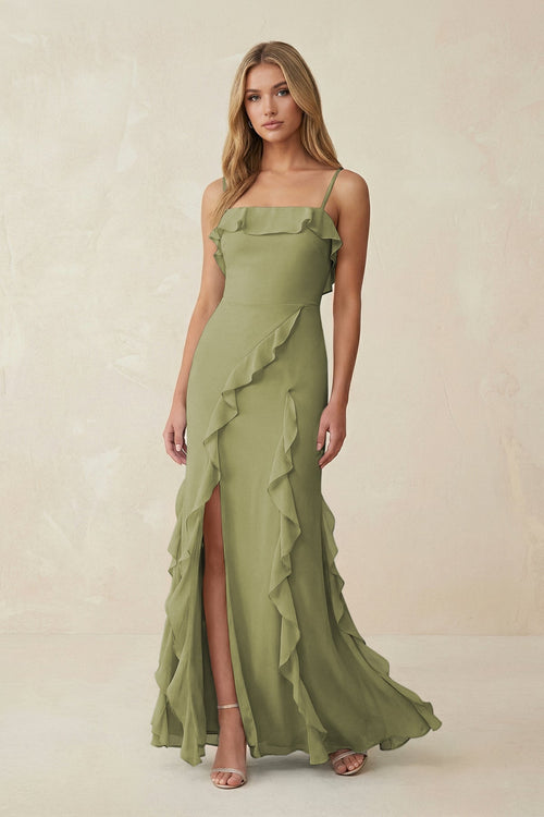 Ruffled Cami Strap Chiffon Sheath Bridesmaid Dress in Moss Green - KissProm Bridesmaid Dresses