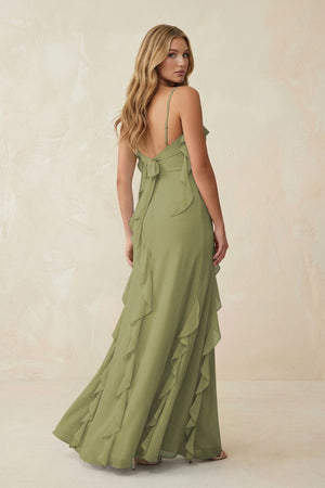 Ruffled Cami Strap Chiffon Sheath Bridesmaid Dress in Moss Green - KissProm Bridesmaid Dresses