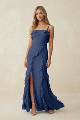 Ruffled Cami Strap Chiffon Sheath Bridesmaid Dress in Navy - KissProm Bridesmaid Dresses
