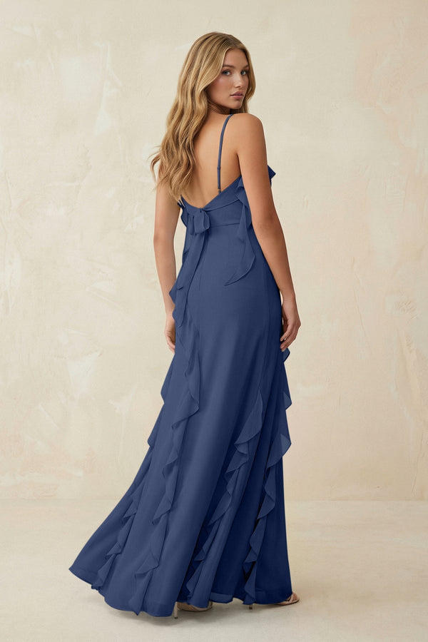 Ruffled Cami Strap Chiffon Sheath Bridesmaid Dress in Navy - KissProm Bridesmaid Dresses