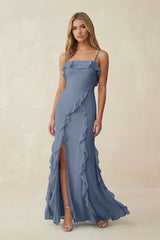 Ruffled Cami Strap Chiffon Sheath Bridesmaid Dress in Neptune - KissProm Bridesmaid Dresses