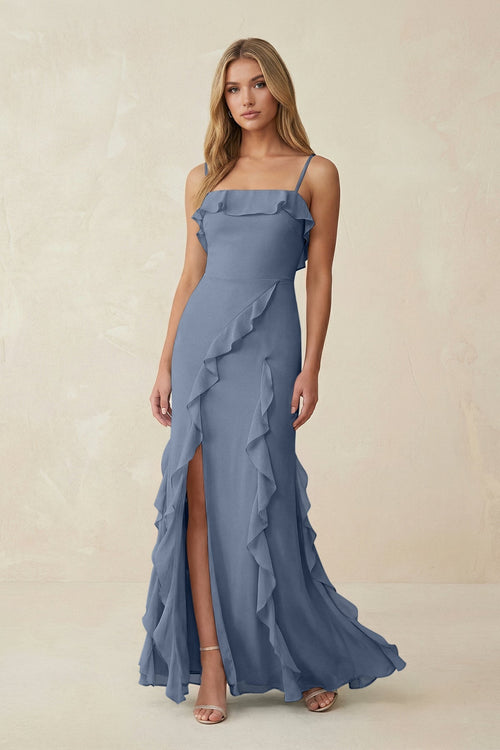 Ruffled Cami Strap Chiffon Sheath Bridesmaid Dress in Neptune - KissProm Bridesmaid Dresses