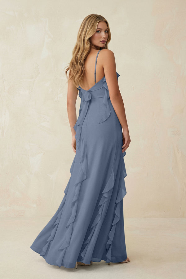 Ruffled Cami Strap Chiffon Sheath Bridesmaid Dress in Neptune - KissProm Bridesmaid Dresses