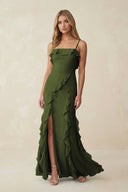 Ruffled Cami Strap Chiffon Sheath Bridesmaid Dress in Olive - KissProm Bridesmaid Dresses