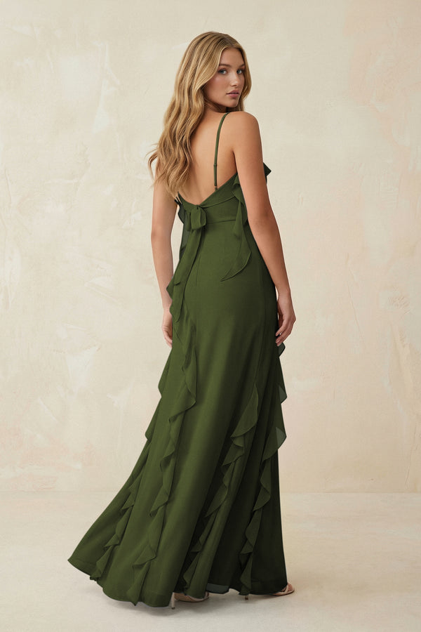 Ruffled Cami Strap Chiffon Sheath Bridesmaid Dress in Olive - KissProm Bridesmaid Dresses