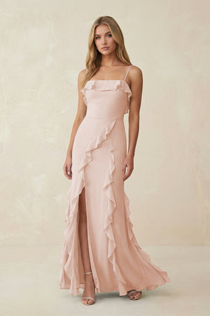 Ruffled Cami Strap Chiffon Sheath Bridesmaid Dress in Pale Blush - KissProm Bridesmaid Dresses