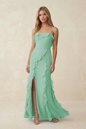Ruffled Cami Strap Chiffon Sheath Bridesmaid Dress in Pale Pistachio - KissProm Bridesmaid Dresses