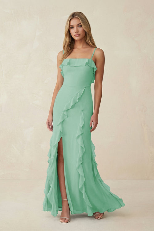 Ruffled Cami Strap Chiffon Sheath Bridesmaid Dress in Pale Pistachio - KissProm Bridesmaid Dresses