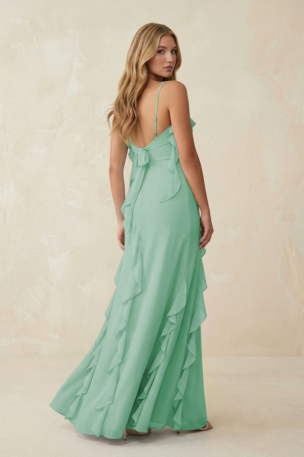 Ruffled Cami Strap Chiffon Sheath Bridesmaid Dress in Pale Pistachio - KissProm Bridesmaid Dresses
