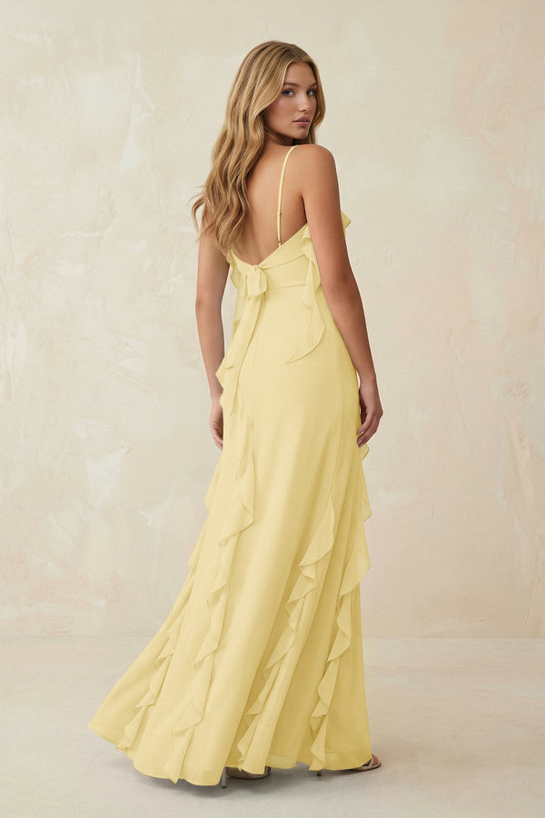 Ruffled Cami Strap Chiffon Sheath Bridesmaid Dress in Pastel Yellow - KissProm Bridesmaid Dresses