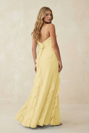 Ruffled Cami Strap Chiffon Sheath Bridesmaid Dress in Pastel Yellow - KissProm Bridesmaid Dresses