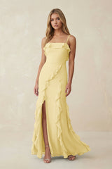 Ruffled Cami Strap Chiffon Sheath Bridesmaid Dress in Pastel Yellow - KissProm Bridesmaid Dresses
