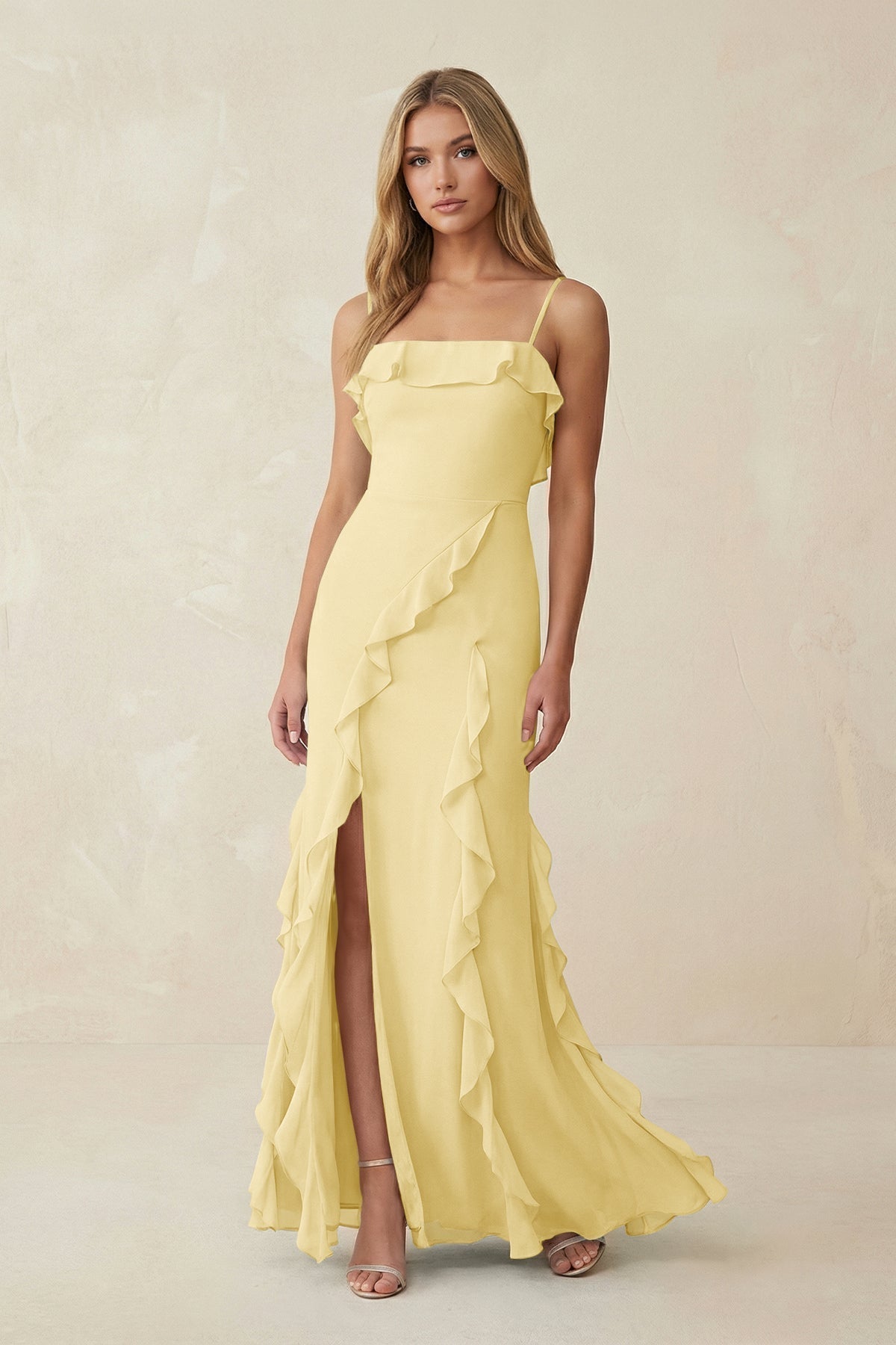 KissProm Ruffled Cami Strap Chiffon Sheath Bridesmaid Dress in Pastel Yellow, Pastel Yellow / 12